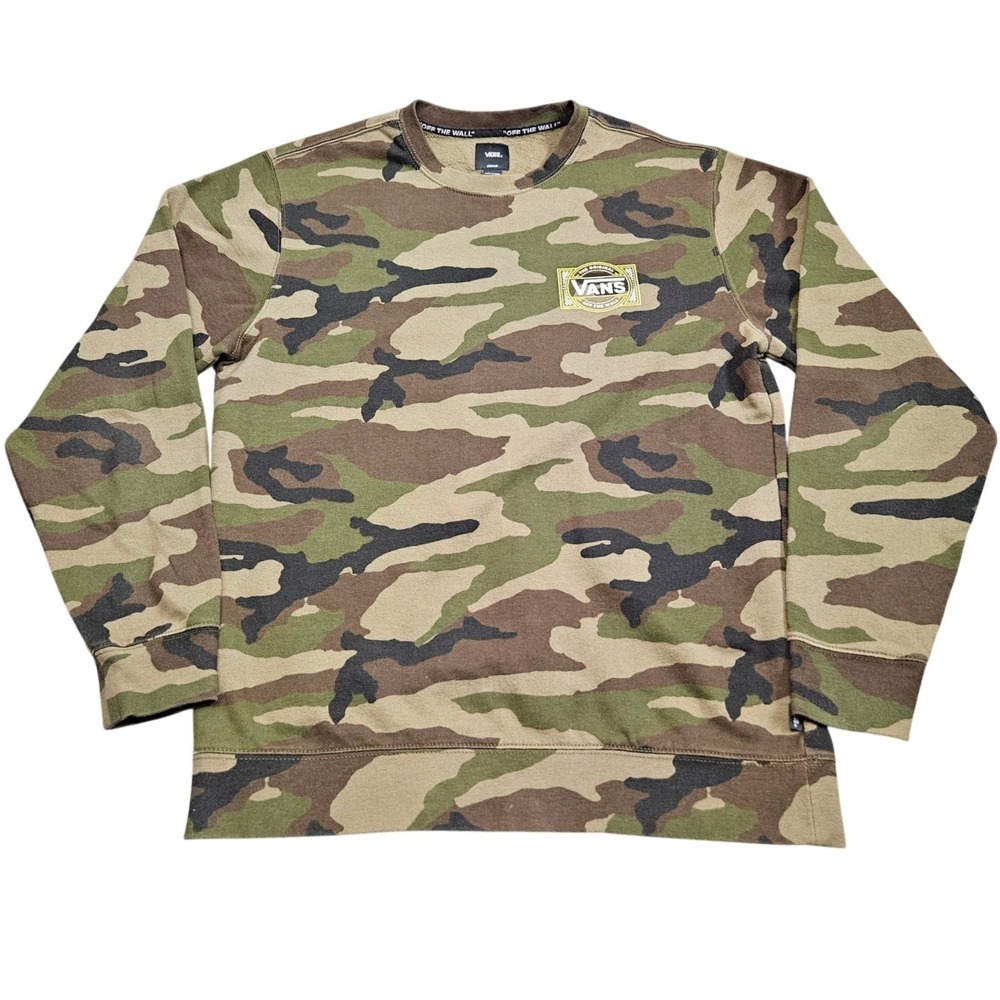 Vans Sweatshirt Mens Medium Green Camo Crewneck Logo Fleece Pullover Skate Style